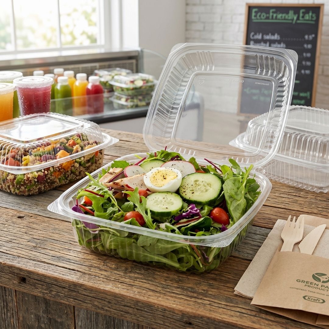 Salad in a clear clamshell on a wooden table with a restaurant setting in the background.