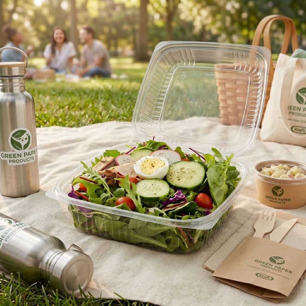 Salad in a clamshell with a hinged lid and picnic accessories on a blanket outdoors