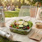 Salad in a clamshell with a hinged lid and picnic accessories on a blanket outdoors