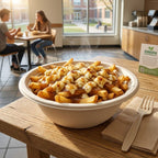 Steaming bowl of fries with cheese on a wooden table in a casual dining setting.
