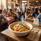 Bowl of pasta with a restaurant setting in the background