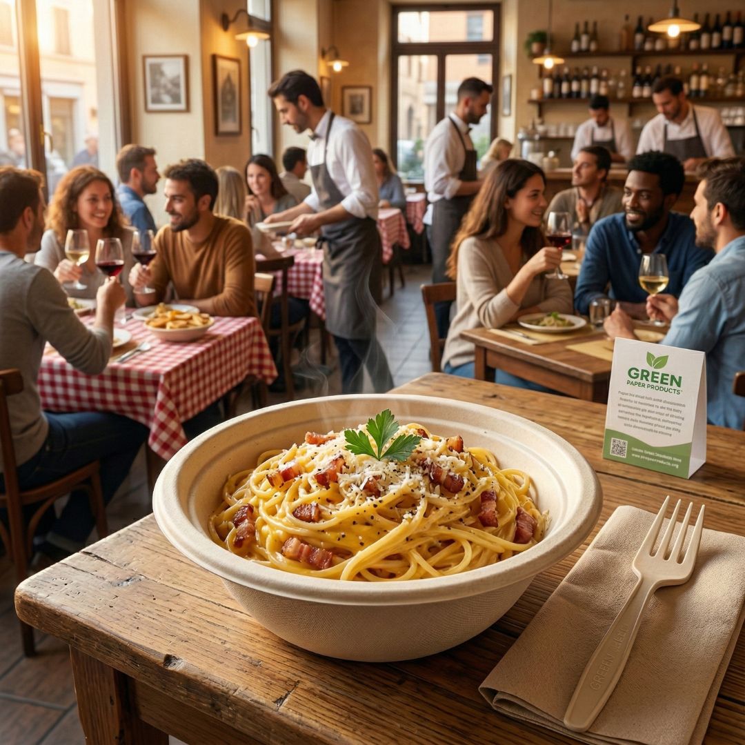 Bowl of pasta with a restaurant setting in the background