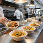Person preparing food in fiber bowls in a restaurant kitchen setting