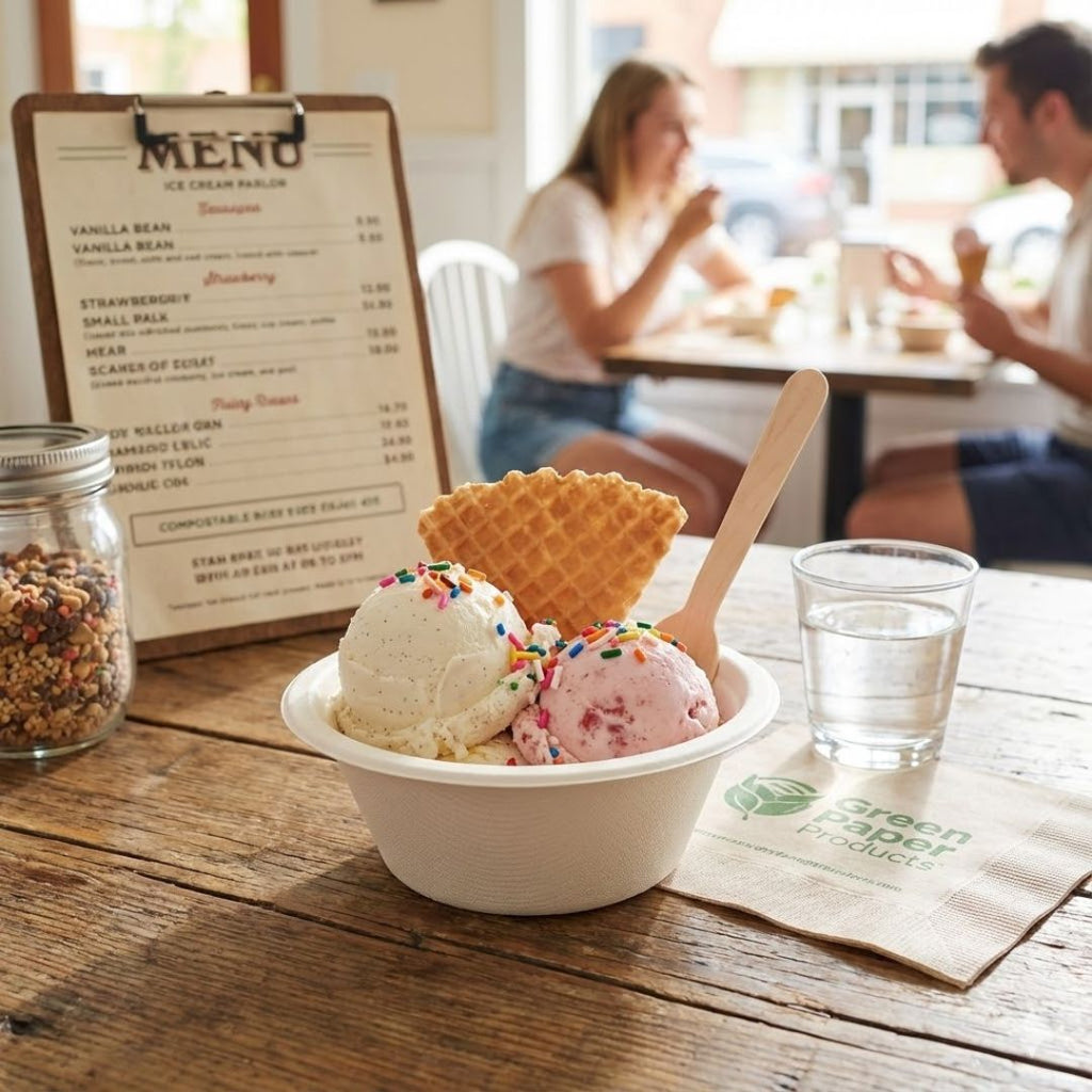 Ice cream bowl with a waffle cone on a wooden table with a menu in the background.