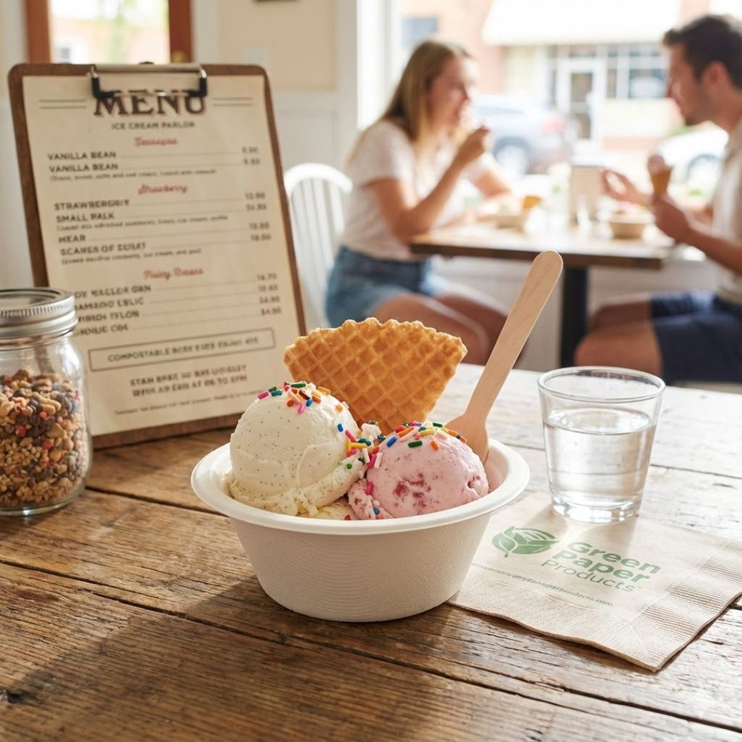 Ice cream bowl with a waffle cone on a wooden table with a menu in the background.