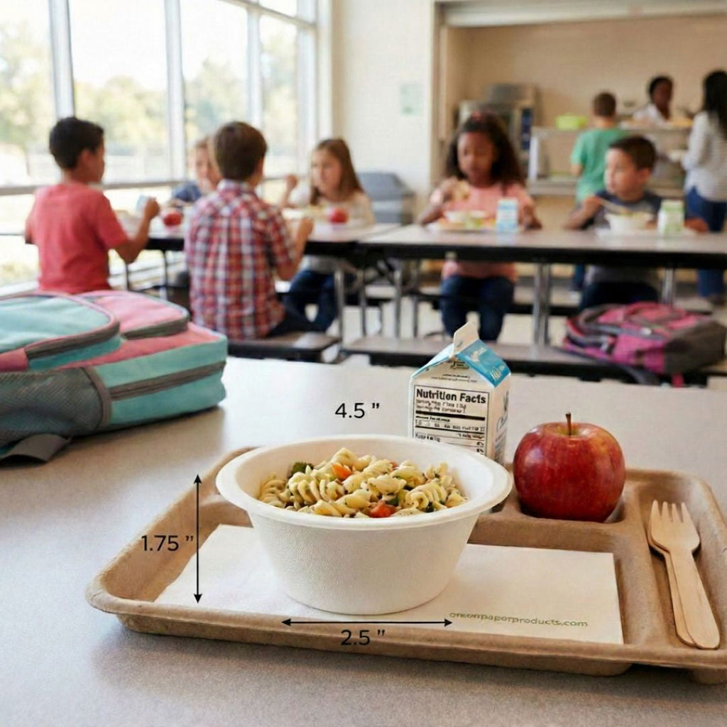 School cafeteria scene with a tray of food, apple, and carton labeled with dimensions.