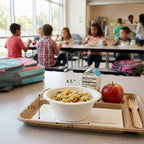School cafeteria scene with a tray of food, apple, and carton labeled with dimensions.