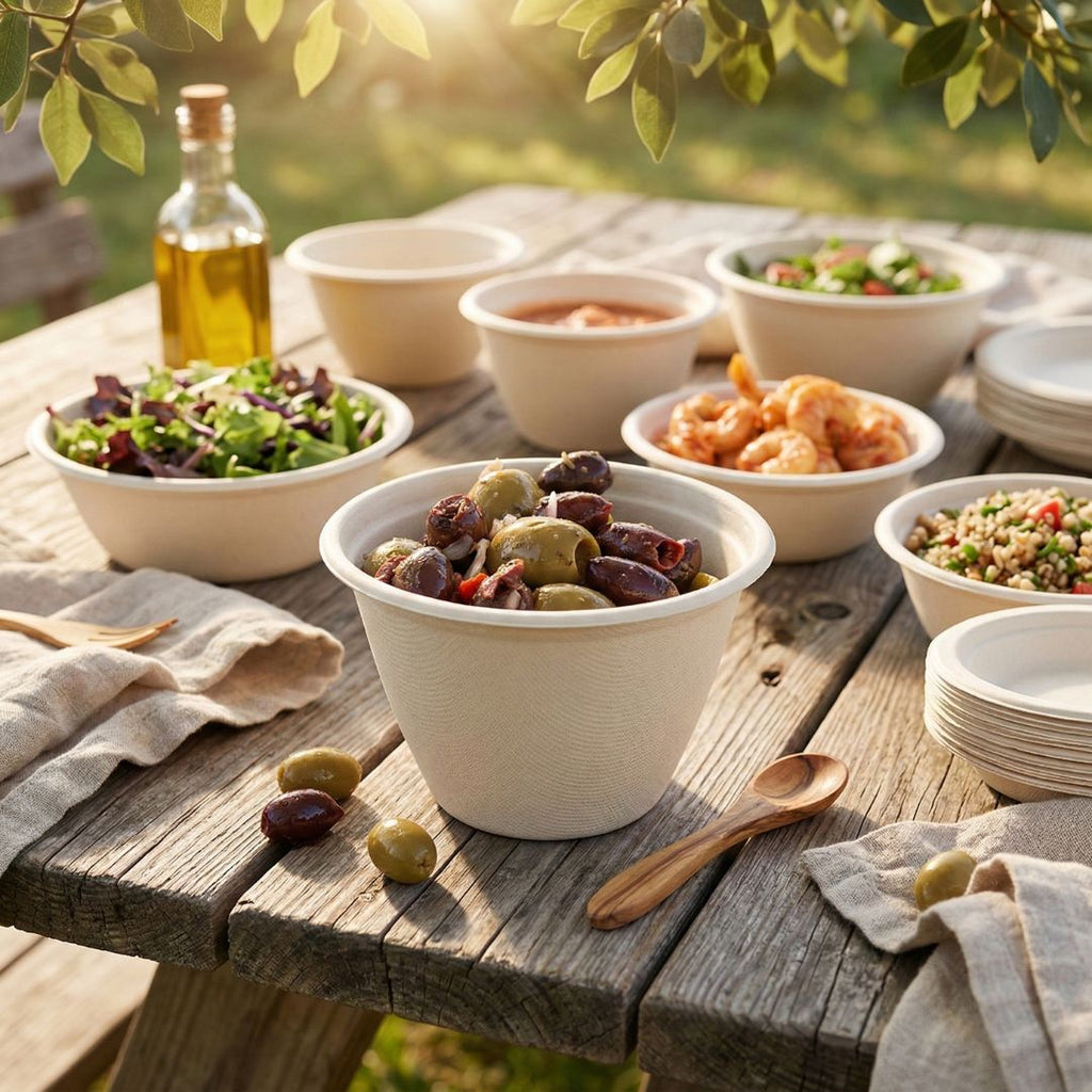 Outdoor setting with a wooden table topped with various dishes and bowls of food.