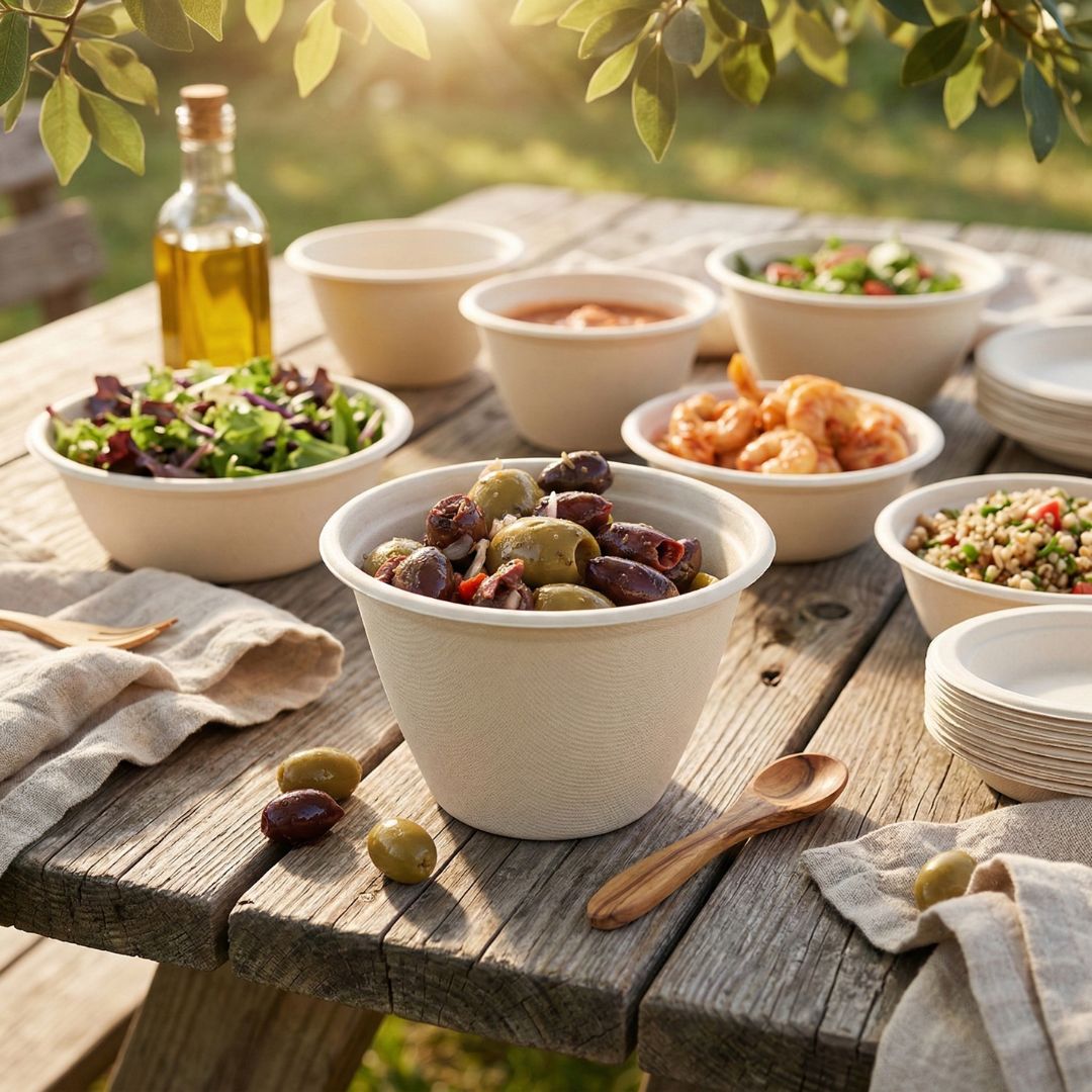 Outdoor setting with a wooden table topped with various dishes and bowls of food.