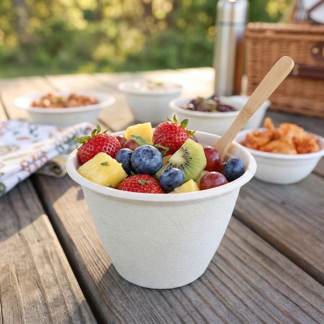 Fruit salad in a tan compostable bowl on a wooden table with a picnic setting.