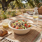 Salad in a disposable bowl with bread and water bottle on a table outdoors