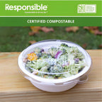 Salad in a compostable bowl with 'Responsible' branding on a green background