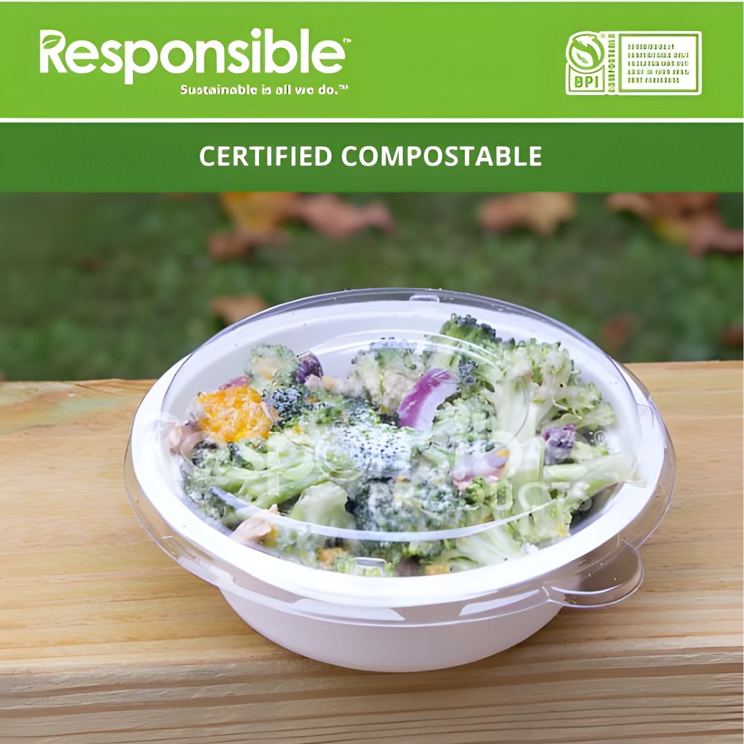 Salad in a compostable bowl with 'Responsible' branding on a green background