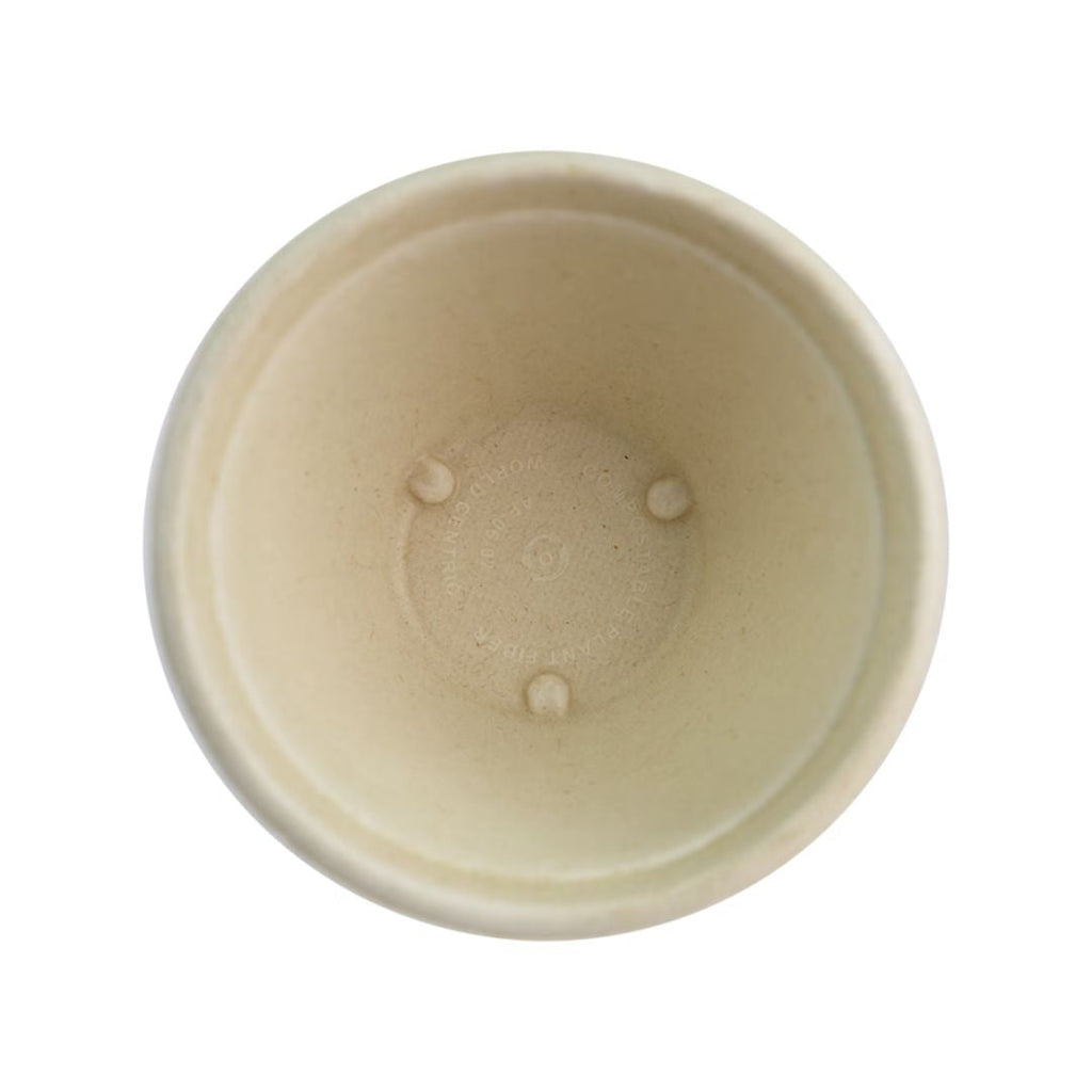 Top view of a compostable natural fiber bowl on a white background