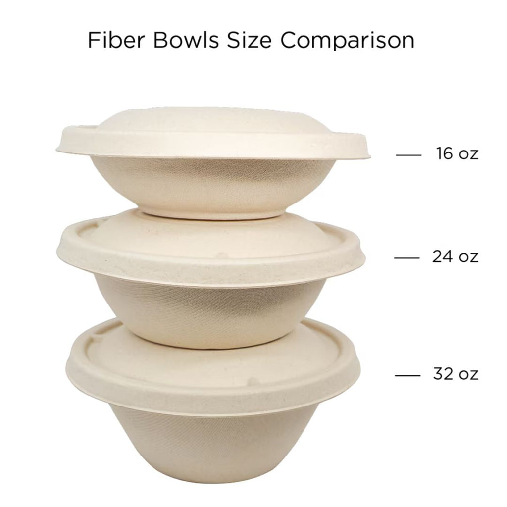 Comparison of fiber bowls in different sizes with labels indicating their capacities.
