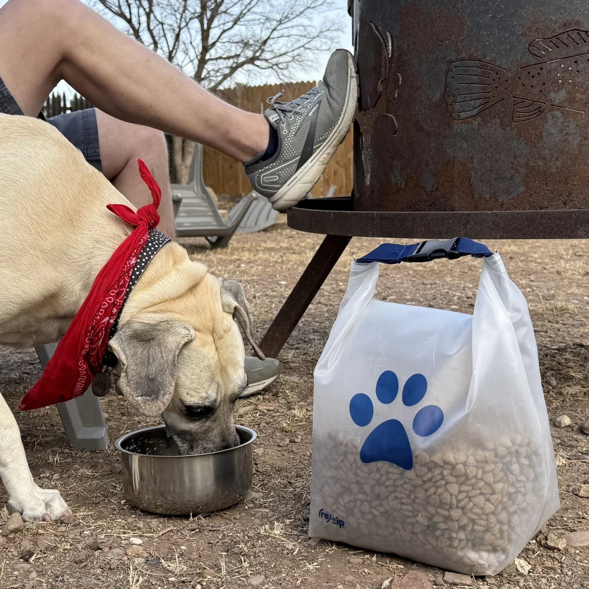 Dog drinking from a bowl next to a bag of dog food with a paw print logo, outdoors.