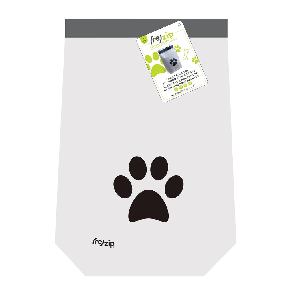 White pet waste bag holder with black paw print and re:zip branding on a white background
