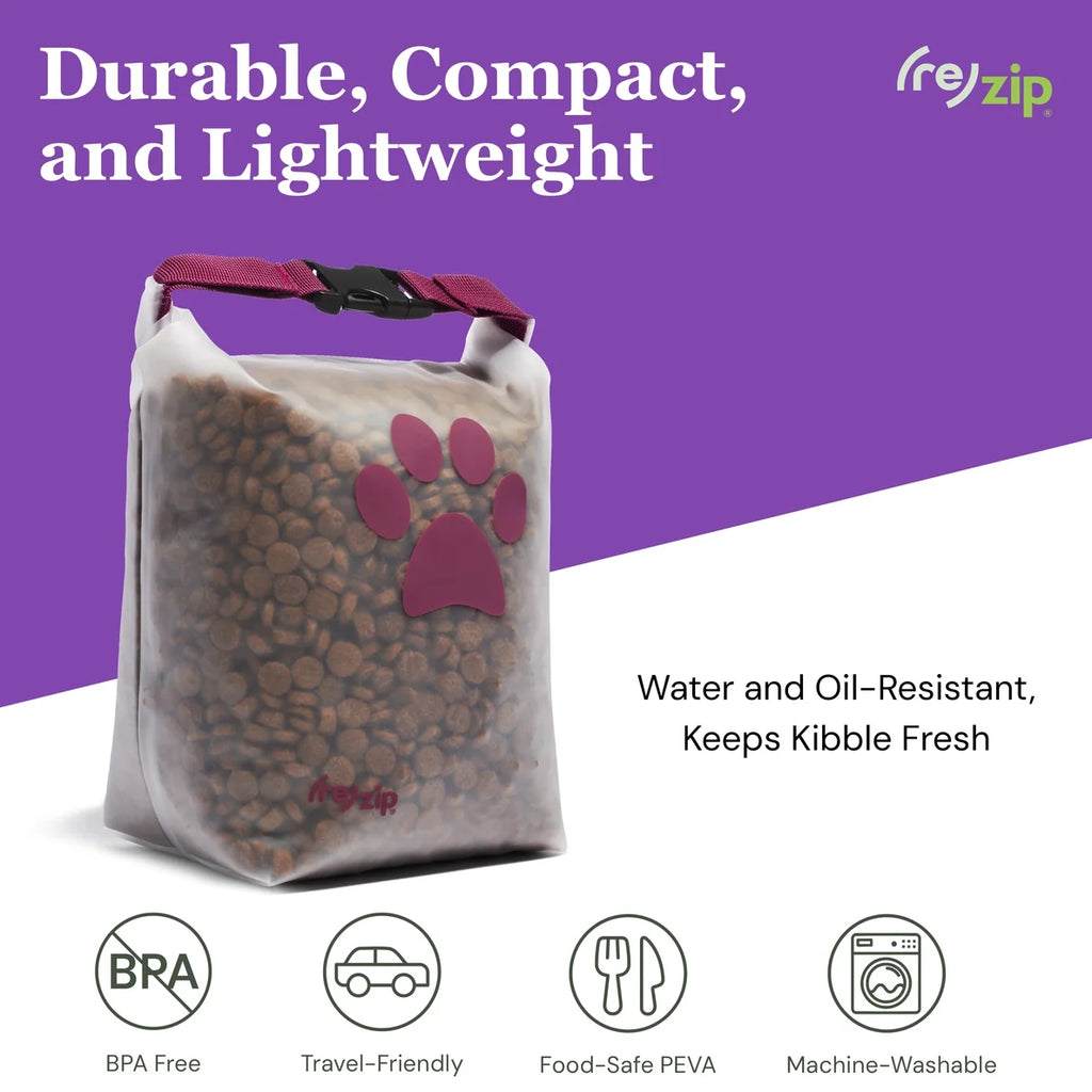 Dog food bag with paw print design on a purple and white background, featuring the Rezip brand.