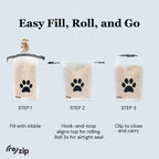 Step-by-step guide on how to use a Rezip pet food bag with text 'Easy Fill, Roll, and Go'.