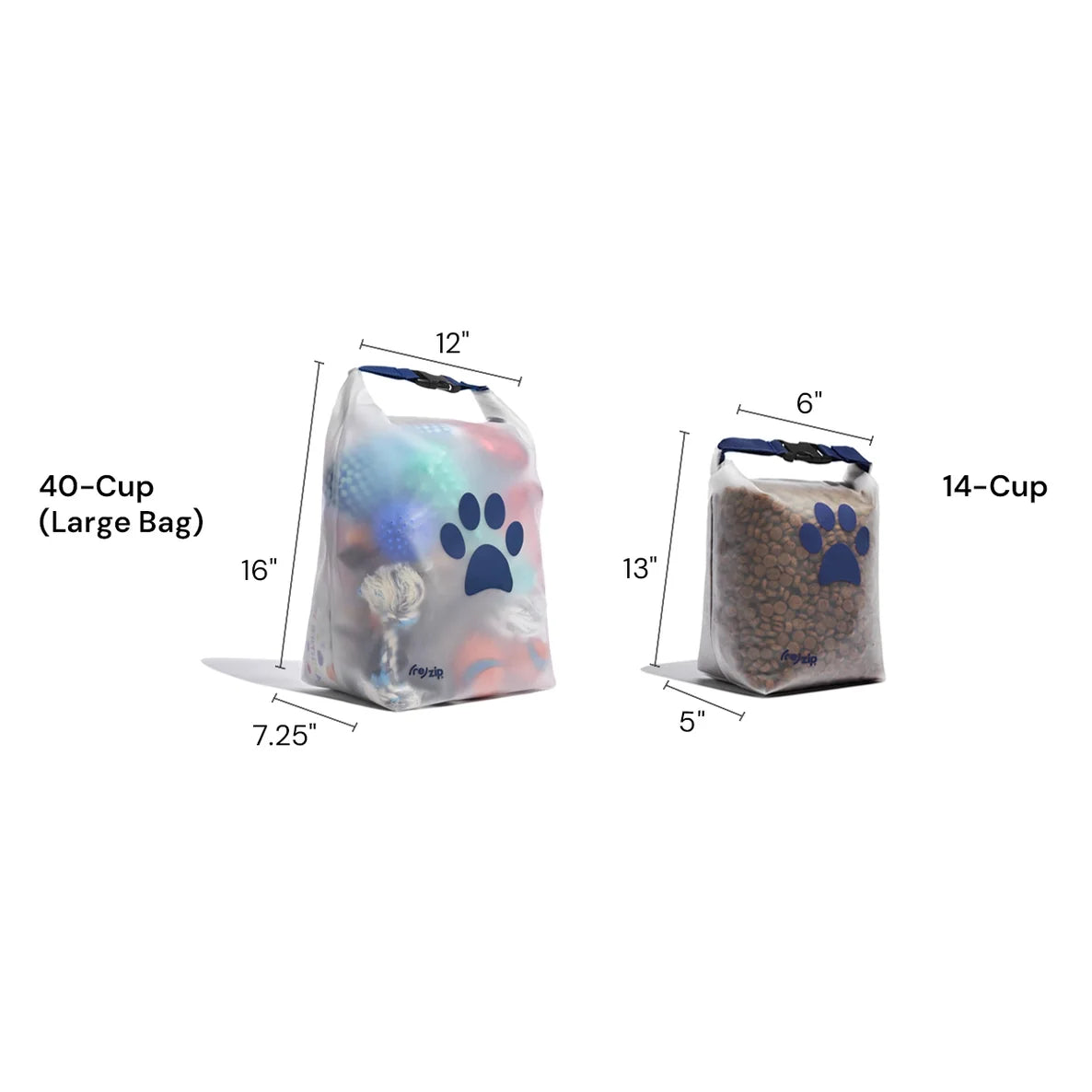 Two bags with paw prints labeled '40-Cup (Large Bag)' and '14-Cup' with measurements on a white background.