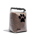 White pet food storage bag with black paw print on a white background