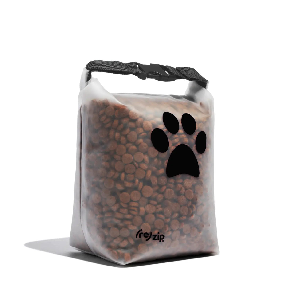 White pet food storage bag with black paw print on a white background