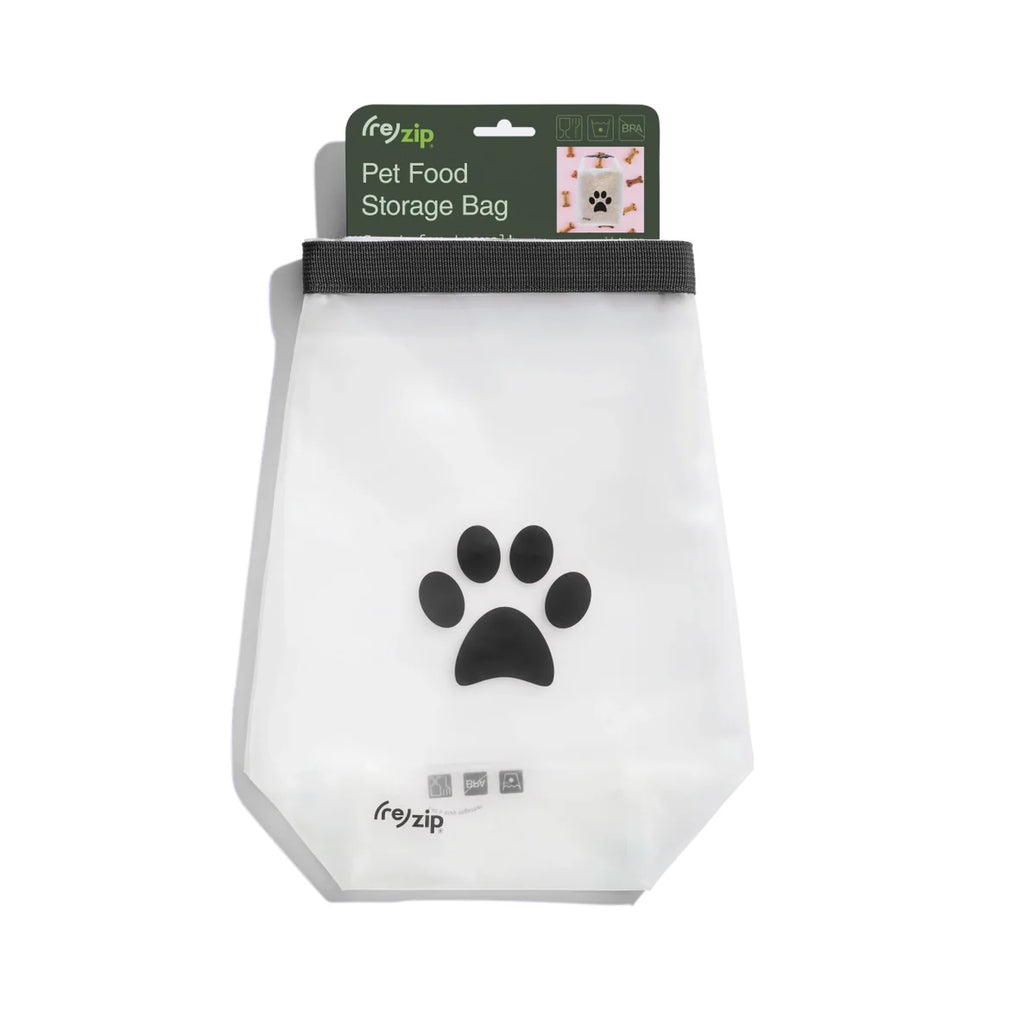 White pet food storage bag with black paw print and freepack branding on a white background