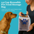 Person holding a 40-cup reusable pet food storage bag with a dog looking at it, on a blue background.