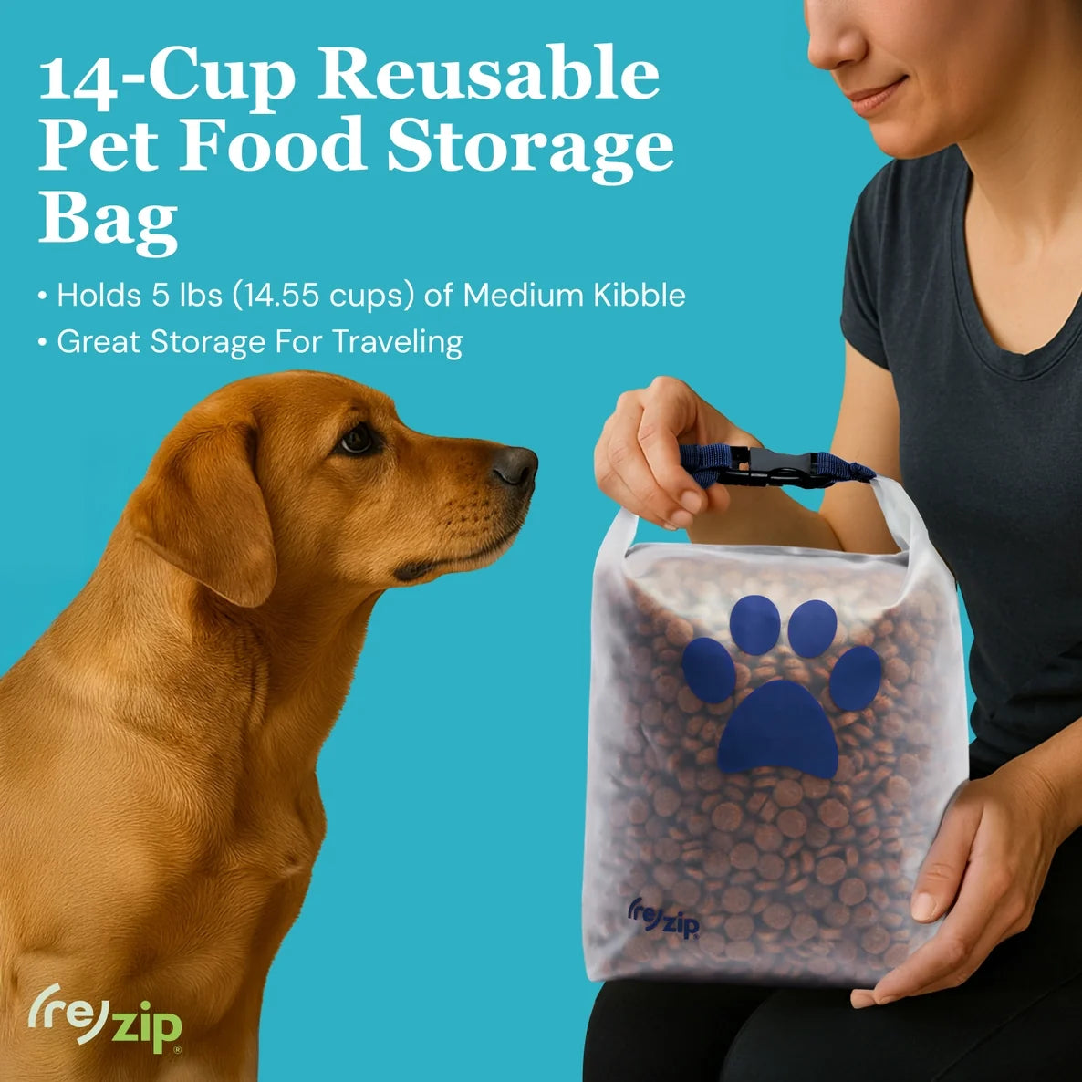 Person holding a 40-cup reusable pet food storage bag with a dog looking at it, on a blue background.