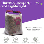 Dog food bag with paw print design on a purple and white background, featuring the Rezip brand.