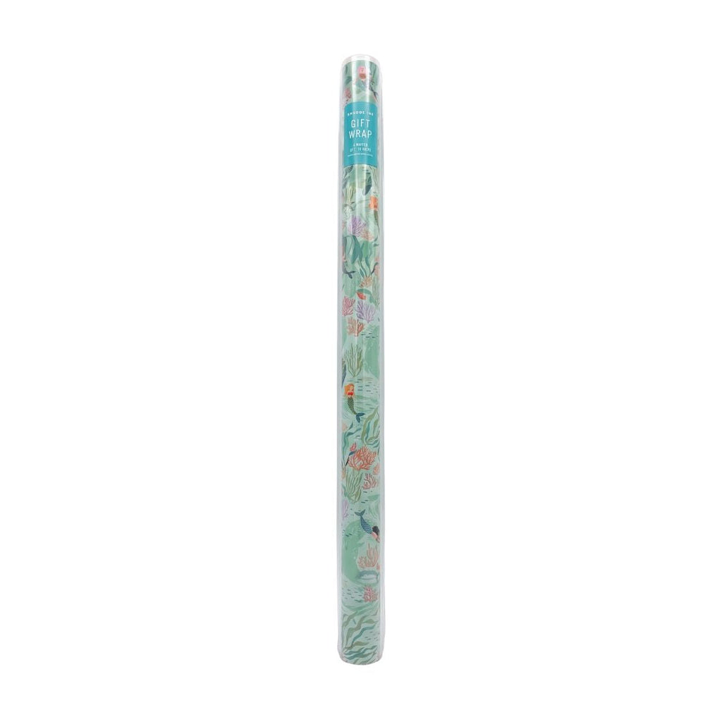 Roll of Mermaid gift wrap on a plain white background.