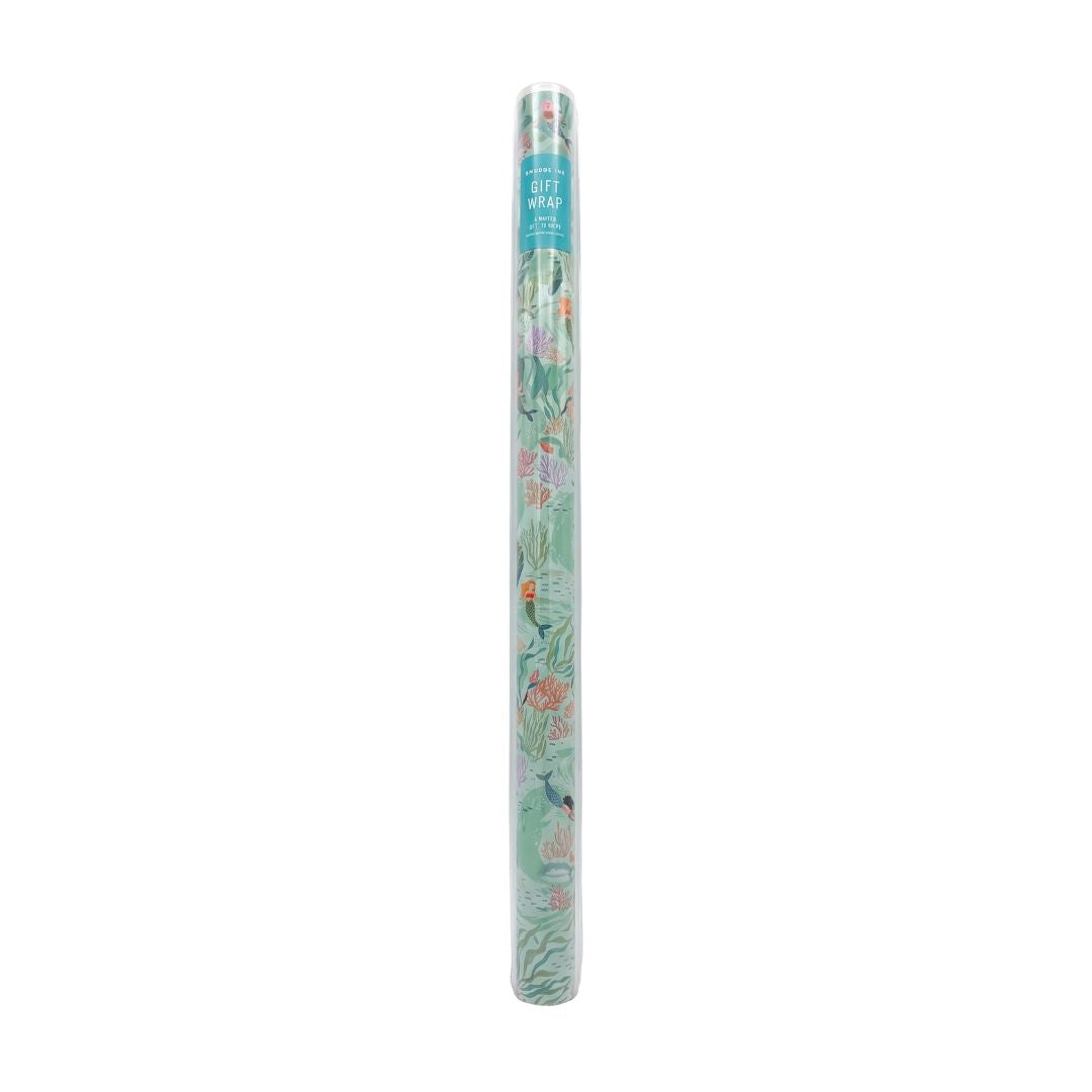 Roll of Mermaid gift wrap on a plain white background.