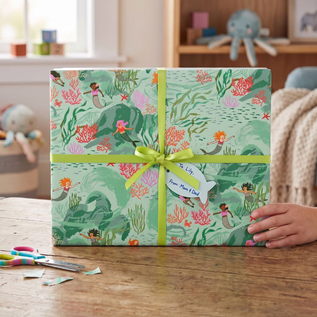 A gift wrapped in mermaid paper displayed on a table in a kid's bedroom or playroom setting.