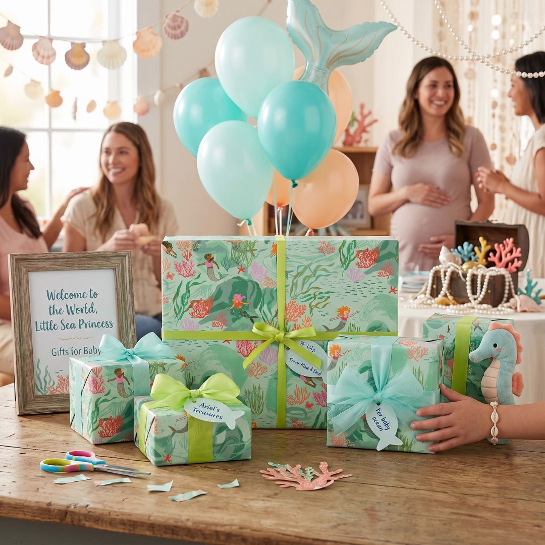 Baby shower gifts wrapped in recyclable wrapping paper with mermaid theme.