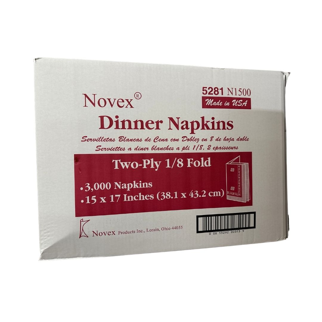 Box of Novex dinner napkins with red and white design on a white background