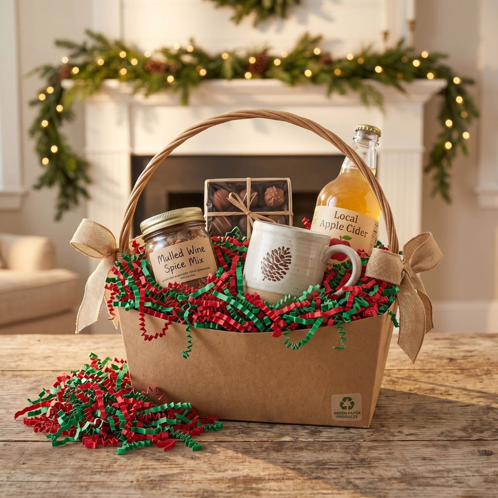 A holiday-themed gift basket filled with red and green shredded paper, containing a jar of mulled wine spice mix, a bottle of local apple cider, a mug, chocolates, and pinecones, set on a wooden table in front of a decorated fireplace.