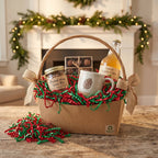 A holiday-themed gift basket filled with red and green shredded paper, containing a jar of mulled wine spice mix, a bottle of local apple cider, a mug, chocolates, and pinecones, set on a wooden table in front of a decorated fireplace.