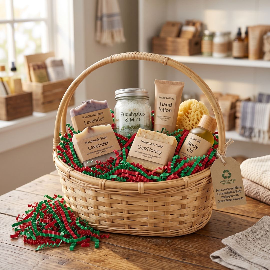A wicker gift basket filled with bath and body items, including lavender soap, eucalyptus and mint hand soap, a tube of hand lotion, a jar of bath salts, and a bottle of body oil, arranged on a wooden table with red and green paper filler.
