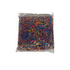 A clear bag filled with shredded multicolor paper craft scraps, photographed against a plain white background.