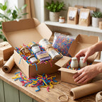 A styled gift box packing scene on a wooden table, showing an open brown cardboard box filled with assorted packaged items and colorful shredded paper filler.