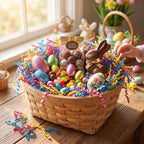 A large woven Easter basket filled with colorful candy corn, chocolate eggs, a chocolate bunny, and a package of gourmet chocolate spread with recyclable paper filler, set on a wooden table near a window with a hand entering from the right.