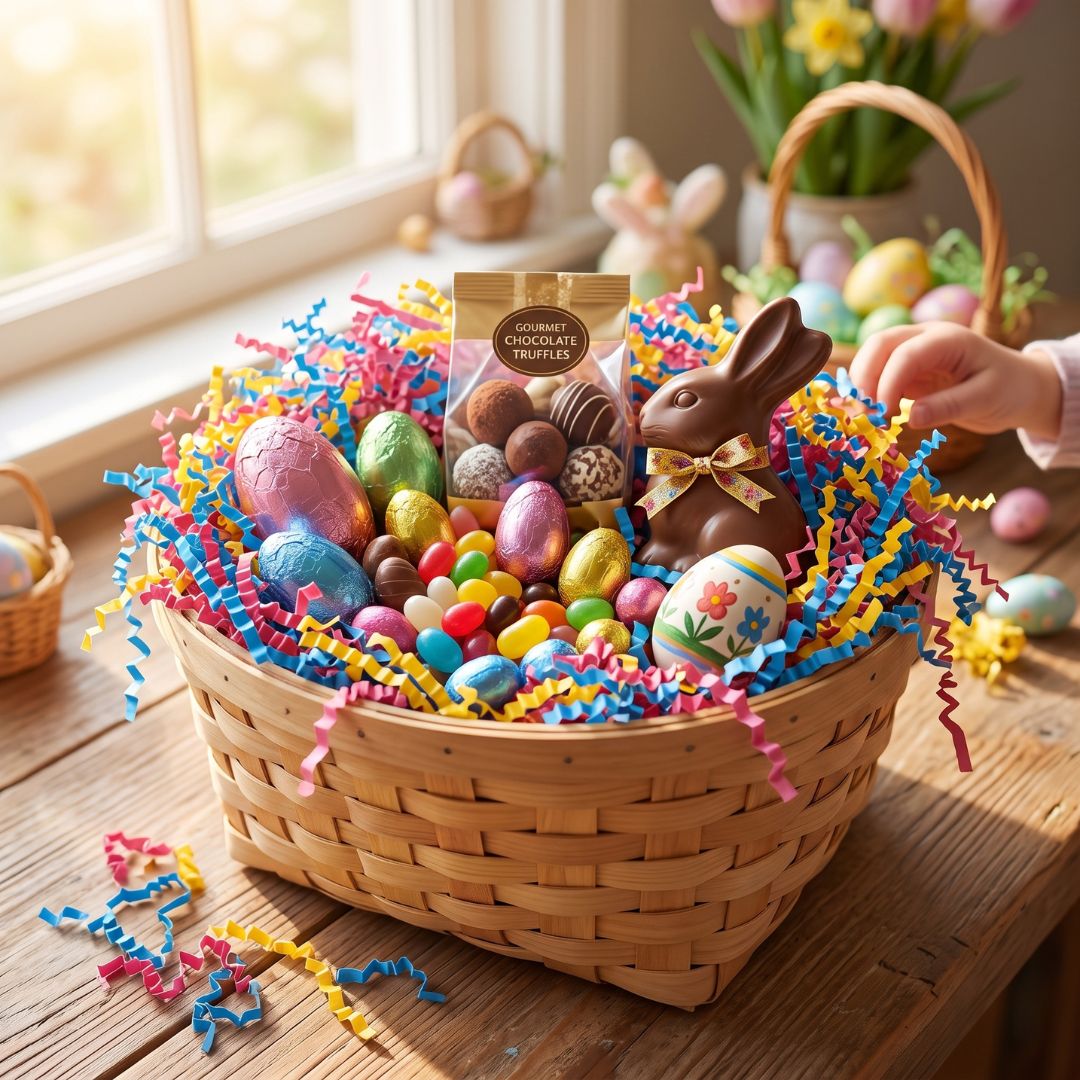 A large woven Easter basket filled with colorful candy corn, chocolate eggs, a chocolate bunny, and a package of gourmet chocolate spread with recyclable paper filler, set on a wooden table near a window with a hand entering from the right.