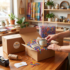 A person's hands are shown packing a gift box with colorful shredded paper filler, a small candle, and a wrapped item. An open cardboard box labeled 'Sunburst' sits on a wooden table alongside a spool of twine, tape dispenser, and branded cards.