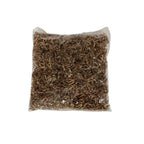 A clear plastic bag filled with shredded brown paper on a plain white background.