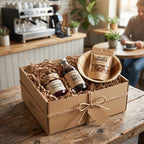 A gift box of coffee and tea items on a rustic wooden table in a cozy cafe setting. The box contains a bottle of Cold Brew, a jar of Golden Raspberry Berry Jam, and a bag of Granola, all nestled in natural brown paper shred inside a kraft cardboard box tied with twine.