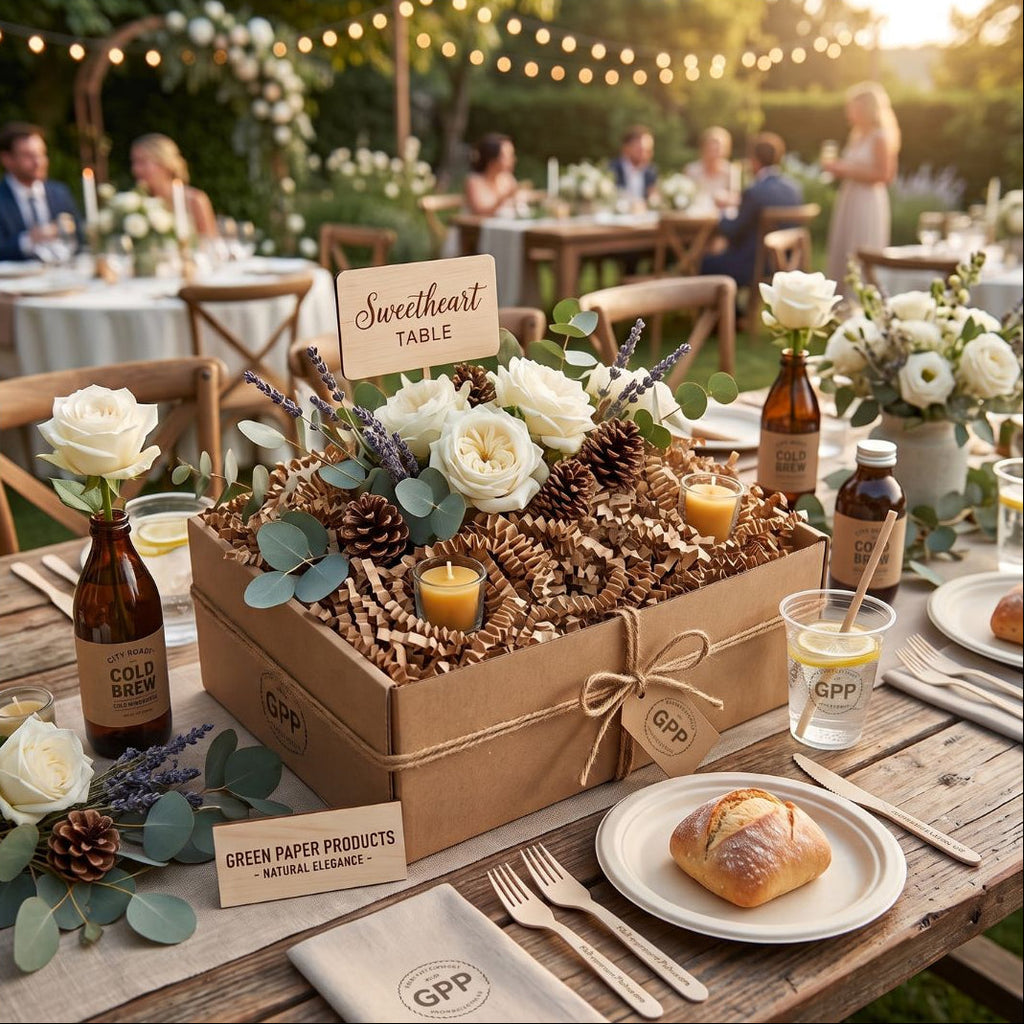 A rustic sweetheart table centerpiece in a brown cardboard box filled with pinecones, white roses, eucalyptus, lavender, and small candles, surrounded by kraft crinkle paper, set on an outdoor dining table with guests blurred in the background.
