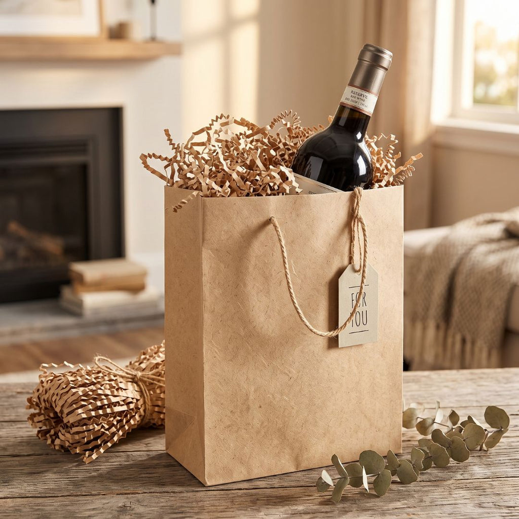 A brown kraft paper gift bag filled with shredded kraft paper filler and holding a dark wine bottle, set on a rustic wooden table in a cozy living room with a fireplace and window in the background.