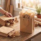 A kraft paper gift bag filled with tissue paper and a round tag stands on a rustic wooden table, alongside other brown paper bags, twine, and a small potted plant near a window.