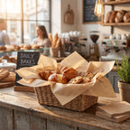 A wicker basket lined with brown tissue paper and filled with assorted baked pastries, including croissants, cookies, and a glazed bread roll, set on a rustic wooden bakery counter in a warm, sunlit cafe interior.