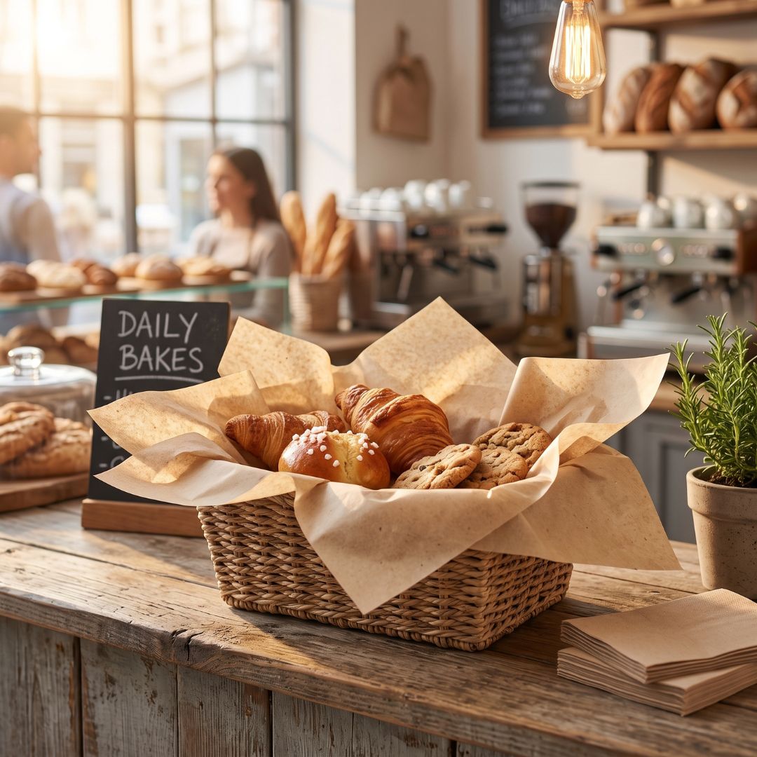 A wicker basket lined with brown tissue paper and filled with assorted baked pastries, including croissants, cookies, and a glazed bread roll, set on a rustic wooden bakery counter in a warm, sunlit cafe interior.